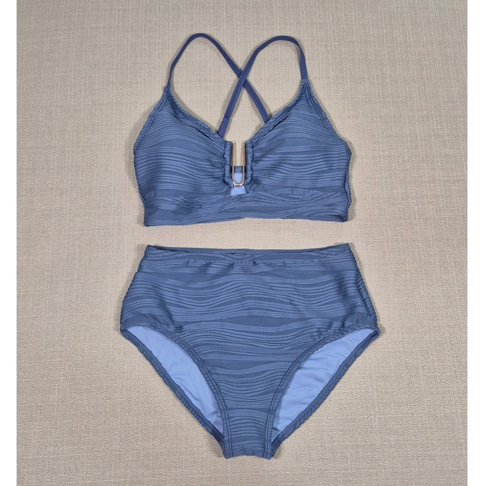 Blue Textured High Waisted Bikini Set Gold U-Bar Detail Medium Womens Swimsuit